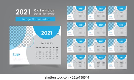 Blue color 2021 wall calendar design template. 12 month calendar set. monthly planner design. 12 pages calendar design.  