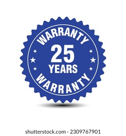 Blue color 25 years warranty badge, sign, symbol, insignia isolated on white background. Vector illustration.