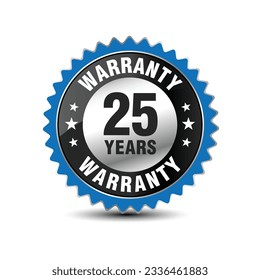 Blue color 25 years warranty badge, sign, symbol, and insignia isolated on white background. Vector illustration.