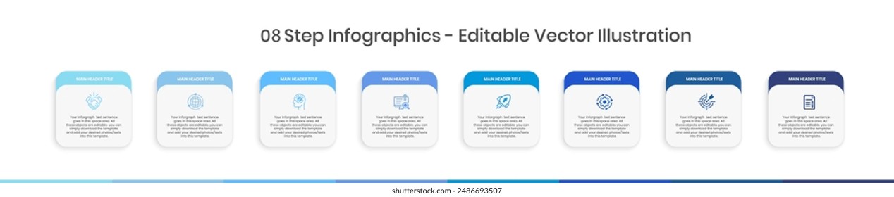 Blau 8-stufige Infografiken Design editierbare Vorlage - Graph, Tortendiagramm, Workflow-Layout, Squire-Diagramm, Broschüre, Bericht, Präsentation, Webdesign Editierbare Vektorillustration