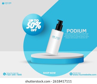 Vetor de design de pódio 3D abstrato de cor azul. Modelo de design de fundo de pódio de venda de produto de mídia social vazio. Modelo de design de pódio de venda de produto promocional 3D realista. 