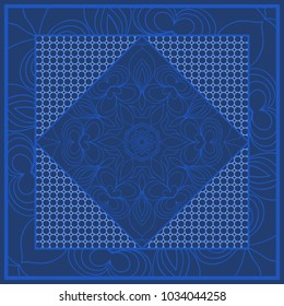 Blue color abstract bandana print with element henna style. For pillow, carpet, rug. Vector
