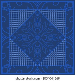 Blue color abstract bandana print with element henna style. For pillow, carpet, rug. Vector