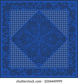 Blue color abstract bandana print with element henna style. For pillow, carpet, rug. Vector
