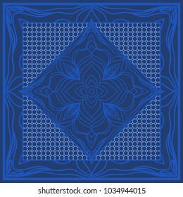 Blue color abstract bandana print with element henna style. For pillow, carpet, rug. Vector