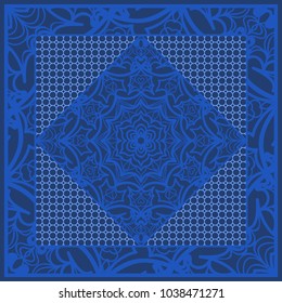 Blue color abstract bandana print with element henna style. For pillow, carpet, rug. Vector