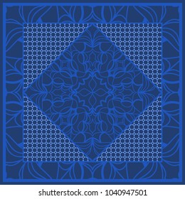 Blue color abstract bandana print with element henna style. For pillow, carpet, rug. Vector