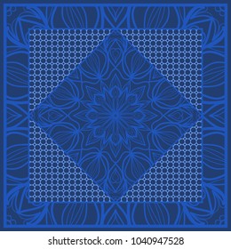 Blue color abstract bandana print with element henna style. For pillow, carpet, rug. Vector