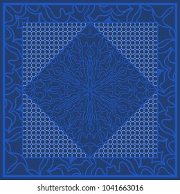 Blue color abstract bandana print with element henna style. For pillow, carpet, rug. Vector