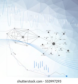 Blue color abstract infographic background in minimalist style made from lines, symbols, charts, diagrams and other elements. Business concept for cover decoration of brochure, flyer or report.