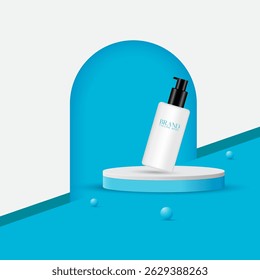 Blue color abstract podium background design vector with shadow overlay effect. 3D realistic minimalist empty podium design template in an isolated Blue background. Backdrop studio art. 