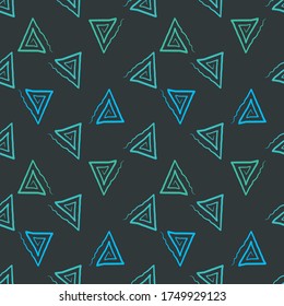 Blue color abstract shape triangle line art seamless pattern on dark background for packaging and textile. Modern geometric endless fabric for wallpaper.
