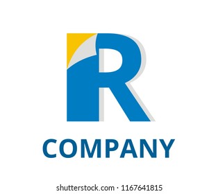 blue color abstract sticker fold paper on corner logo graphic design idea illustration with modern clean style for any professional business company with initial type letter r on it