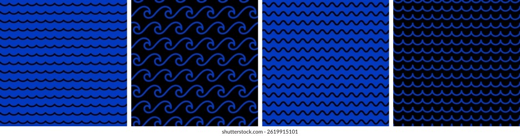 Blue color abstract wave seamless pattern set.  Vector trendy background for poster, festival, music and textile