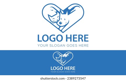 Blue Color Animal cat and Dog with Love Logo Design