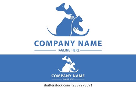 Blue Color Color Animal cat and Dog Hug Logo Design