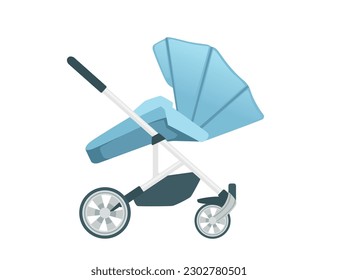 Blue color baby carriage on wheels vector illustration isolated on white background