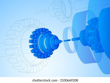 Blue color Background 3d render machine mechanism gear element flying perspective vector