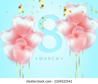 blue color background, beautiful realistic 3D balloons in the shape of a heart and confetti, a voucher, advertising discounts, a website banner for women's day. 8 march illustration