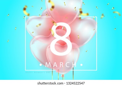 blue color background, beautiful realistic 3D balloons in the shape of a heart and confetti, a voucher, advertising discounts, a website banner for women's day. 8 march illustration