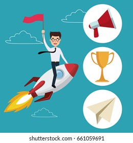 blue color background with clouds silhouette start up businessman on a rocket with icons