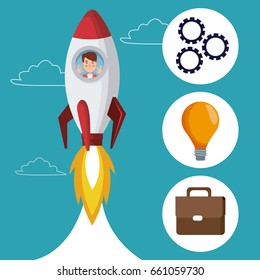 blue color background with clouds silhouette start up businessman inside to rocket with icons