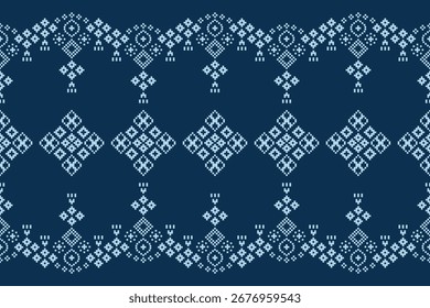 Fondo de color azul con motivo étnico motivo tradicional ikat patrón de tela geométrica punto de cruz. Ikat bordado píxel oriental, abstracto, Vector, textura.
