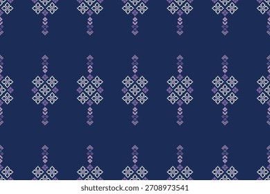 Blue color background ethnic pattern traditional motif ikat geometric fabric pattern cross stitch.Ikat embroidery oriental pixel,abstract,vector.