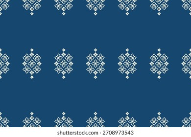 Fondo de color azul patrón étnico motivo tradicional ikat patrón de tela geométrica punto de cruz. Ikat bordado oriental píxel, abstracto, Vector.