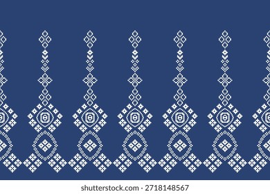 Fundo de cor azul com padrão étnico padrão tradicional ikat tecido geométrico padrão bordado cross stitch.Ikat pixel oriental, abstrato, vetor, arte de textura.
