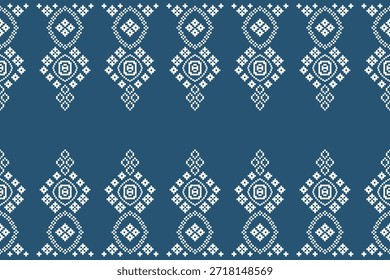 Fundo de cor azul com padrão étnico padrão tradicional ikat tecido geométrico padrão bordado cross stitch.Ikat pixel oriental, abstrato, vetor, arte de textura.