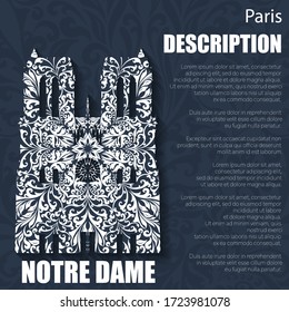 Blue color background with floral pattern and Notre Dame silhouette. Invitation for different holiday and  party. Vintage template with decoration and text