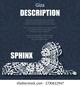 Blue color background with floral pattern and Giza Sphinx silhouette. Invitation for different holiday and  party. Vintage template with decoration and text