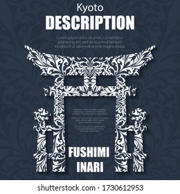Blue color background with floral pattern and Fushimi Inari silhouette. Invitation for different holiday and  party. Vintage template with decoration and text