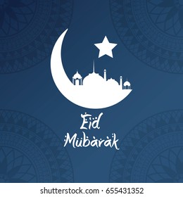 blue color background geometric arabic ornament with silhouette moon with Eid Mubarak mosque and hand drawn calligraphy lettering with star
