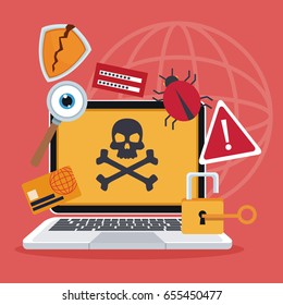 blue color background laptop with attack virus and icons protection