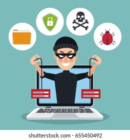 blue color background laptop with hacker thief holding a servers