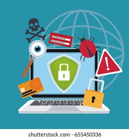 blue color background laptop with security shield and icons protection