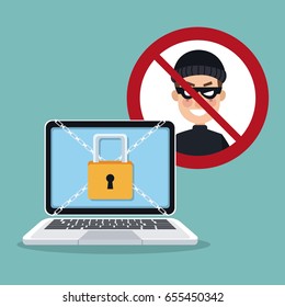 blue color background laptop with security padlock with chains crossed and prohibited hacker signal