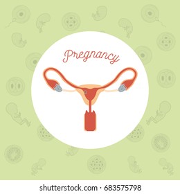 blue color background pattern pregnancy icons with fecundation in female reproductive organ vector illustration