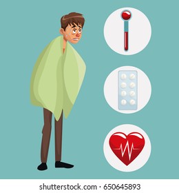 blue color background with sickness man full body icons medicine