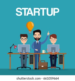 blue color background teamwork businessmen in workplace generating ideas