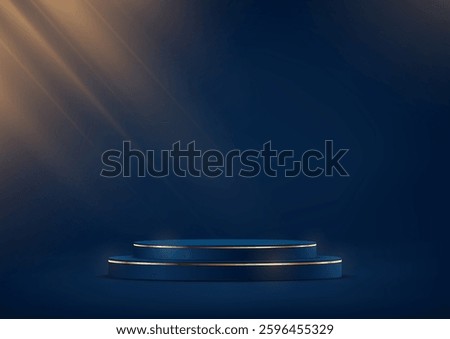 Blue color background vector 3d with blue and gold podium. Empty room with light effect. Space for selling products on the website. Vector illustration.