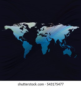 Blue color background with world map, abstract waves, lines, curves, swirl. Motion design. Vector decoration