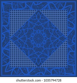 Blue color bandana print with tiling pattern floral style. Design for pillow, carpet, rug, silk neck scarf. vector