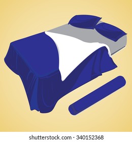 Blue color bed sheet on yellow background. Vector illustration.