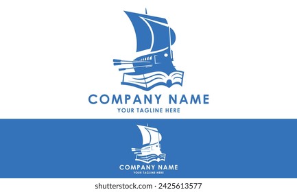 Blue Color Book Ship Logo Design
