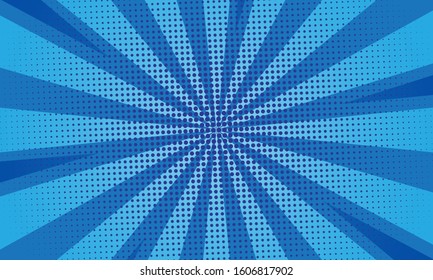 Blue color burst background comic style pop art. Lightning blast halftone dots. 