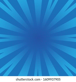 Blue color burst background comic style pop art. Lightning blast halftone dots. 