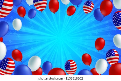 Blue color burst background poster flyer banner. American flag balloon vector design. Holiday celebration concept template.